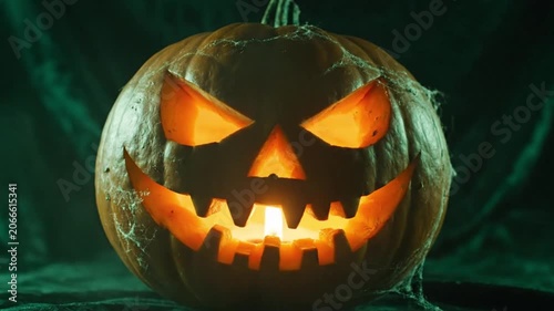 Glowing Carved Pumpkin With Angry Face Expression Set Against A Dark Backdrop For Seasonal Festive Decorations And Traditional Autumn Event