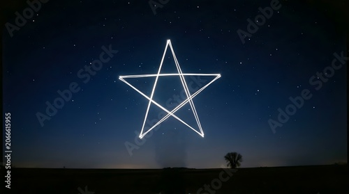 Neon Star Shape Created by Light Tracing Against Night Sky with Stars