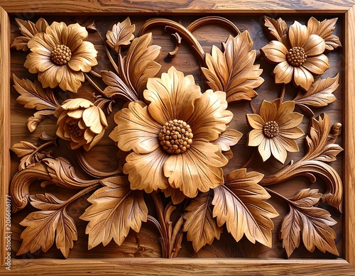 A carved wooden panel featuring intricate floral designs with flowers and leaves