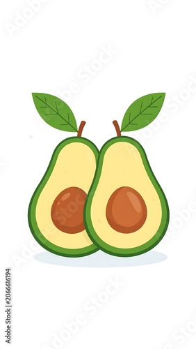 A cartoon illustration of two avocados, one halved to reveal its brown pit and creamy flesh