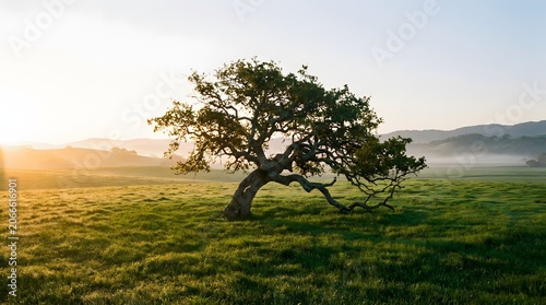 Majestic Tree Standing Alone in Expansive Green Field at Sunrise