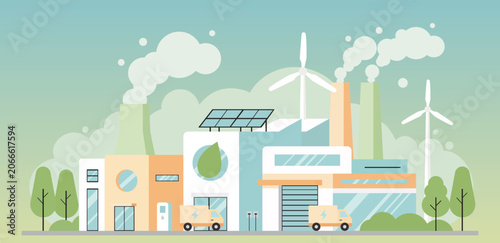 Eco friendly manufacturing facility powered by solar energy and wind turbines with electric vehicles, clean technology, renewable power, and sustainable industry.