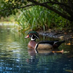 Mallard duck swimming in serene pond surrounded by lush greenery.