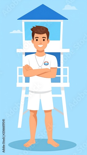 A cartoon lifeguard stands confidently in front of a lifeguard tower