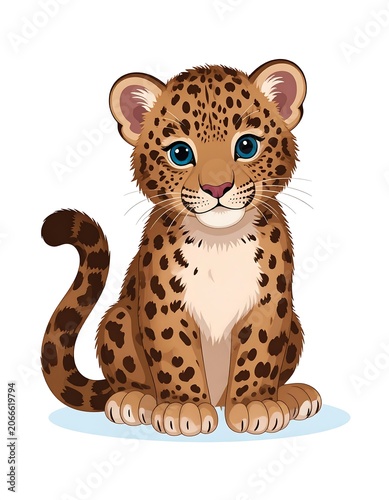 A cartoon leopard cub with blue eyes and brown spots sits on a light blue surface, looking directly ahead with a sweet expression