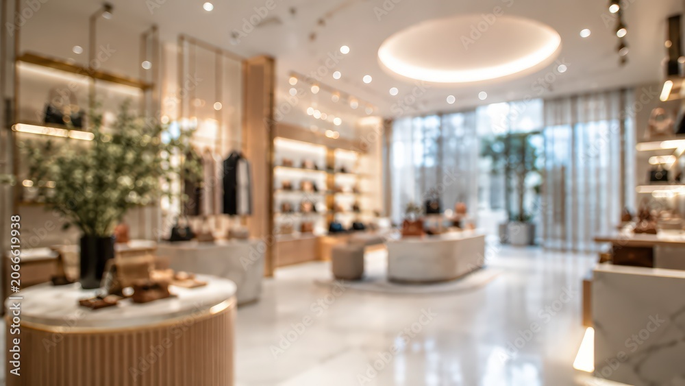 Fototapeta premium Blurred luxury boutique store interior fashion shop background marble floor clothing display