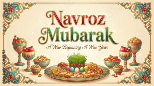 Traditional Navroz Mubarak Greeting Card with Haft Seen Inspired Festive Arrangement and Cultural Celebration
