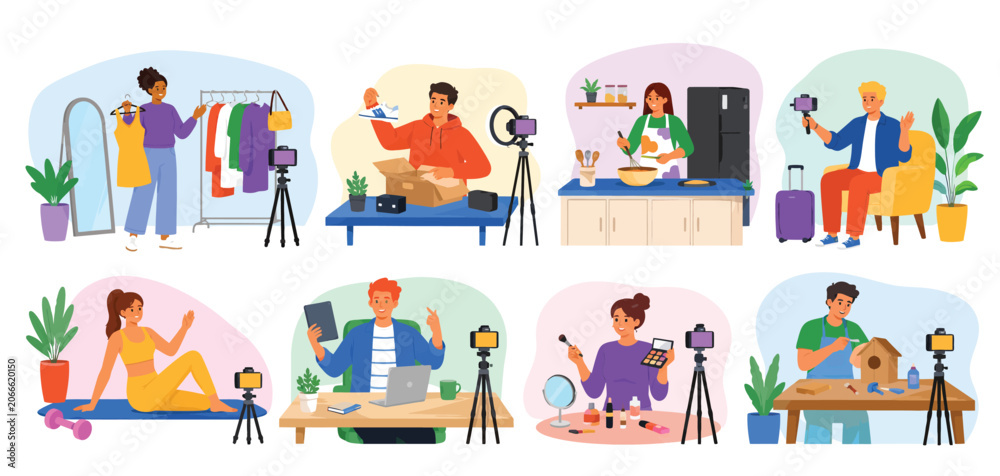 Naklejka premium Collection of Eight Social Media Content Creators Filming Various Lifestyle Topics.