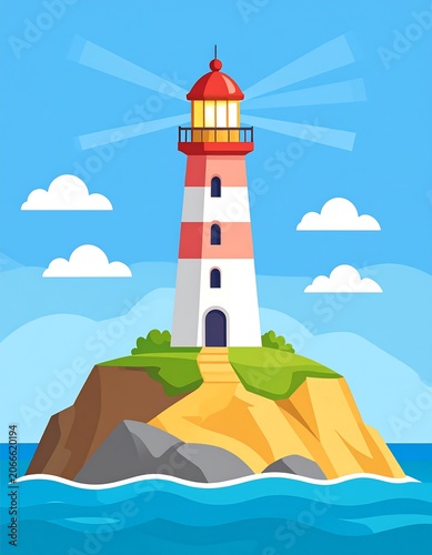 A cartoon lighthouse on a small island surrounded by water and blue sky