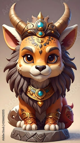 A cartoon lion with a crown and jewelry sits on a stone base