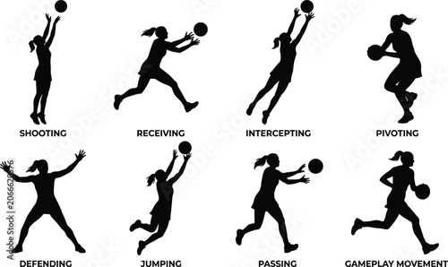 Принти на полотні Female Basketball Player Silhouette Collection – Netball, Basketball and Court A