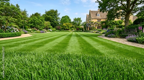 Beautiful english country garden with a perfectly manicured lawn, vibrant flower beds, and a historic stone manor house under a clear blue sky