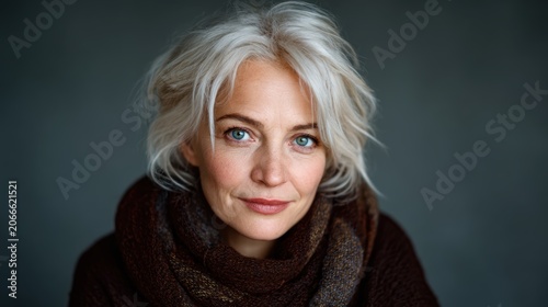 This intimate portrait features an elderly woman wrapped in a cozy sweater, radiating comfort and warmth while exuding a timeless beauty and elegance in soft natural light.