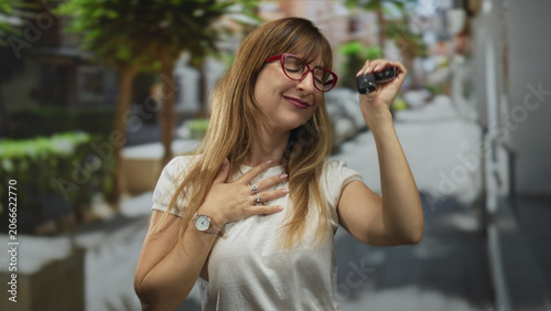 Fotografía Woman holding car keys aloft on street with raised hand and visible watch and necklace, smiling in candid pose; joy celebration