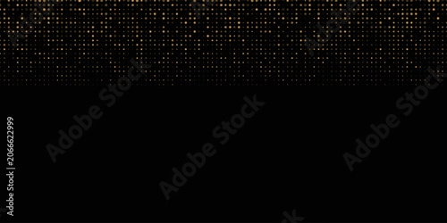 Abstract luxury banner with golden glittering dots on black background. Sparkling glitter bottom border, vector frame. Halftone effect. Magical gold dust. Pop art style backdrop.