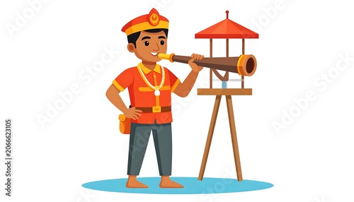 A cartoon man in a red and yellow uniform looks through a telescope next to a small red tower on a wooden stand