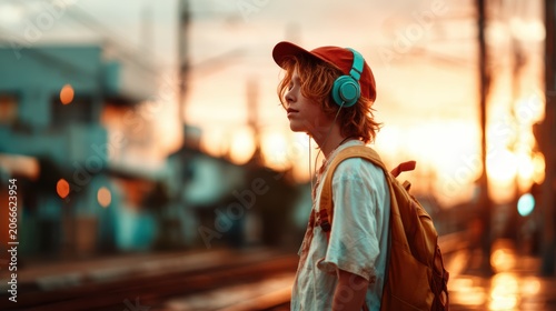 A young boy wearing a red cap and headphones stands near a train station at sunset, illustrating a moment of contemplation amidst urban life and vibrant colors.