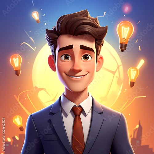 A cartoon man in a suit with lightbulbs
