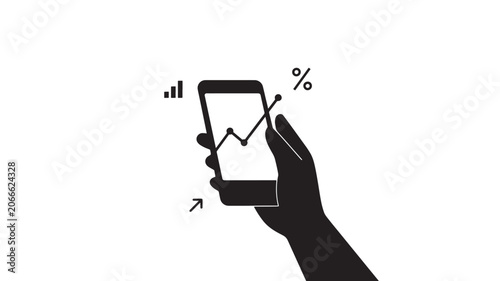 Black silhouette of a hand holding a smartphone with graph and symbols
