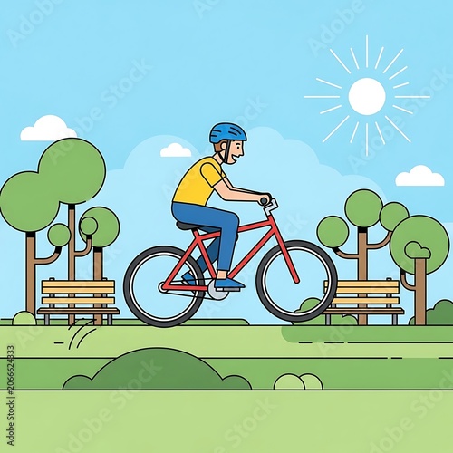 A cartoon man in a yellow shirt rides a red bicycle through a park