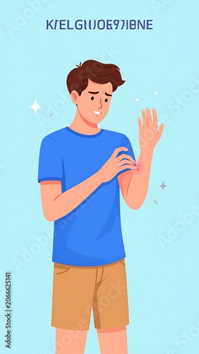 A cartoon man in blue shirt and brown shorts with hand on arm