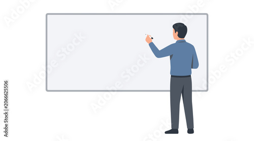 Man writing on a blank whiteboard with a marker, illustration of teaching or presentation