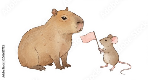 Cute cartoon capybara and mouse holding tiny flag together in watercolor soft tones style, isolated on white background
