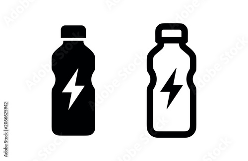 Bild auf Leinwand Energy drink bottle with lightning bolt icon in solid and outline style, representing power and boost
