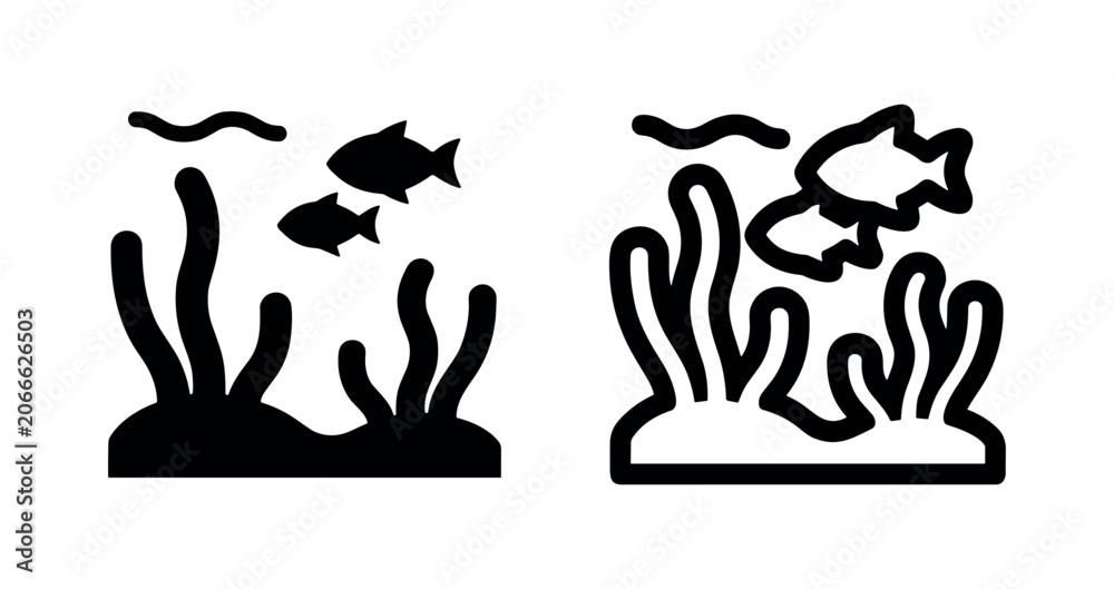 Obraz premium Underwater life icon, Fish and seaweed symbol. Marine ecosystem illustration, ocean graphic for aquatic biology and nature.
