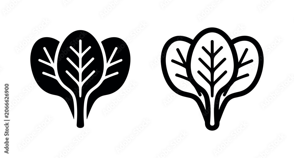 Fototapeta premium Spinach Leaves Icon Set. Solid and Outline Style Vector Design on a White Background.