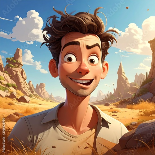 A cartoon man with a cheerful expression stands in a desert landscape