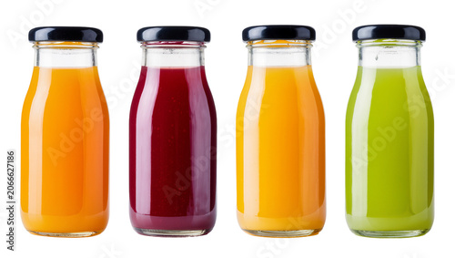 Foto Isolated natural fresh healthy organic fruit and vegetable juice smoothies in glass bottles