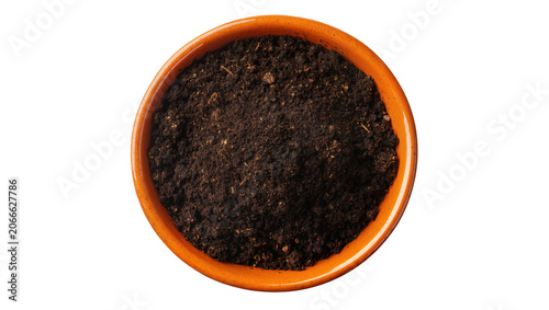 Konstfotografi Isolated brown terracotta plant pot filled with rich dark soil for gardening and