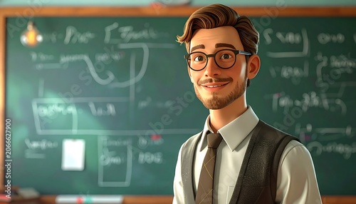 A cartoon man with glasses and a vest stands in front of a chalkboard