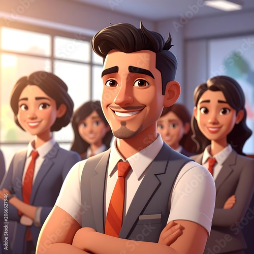 A cartoon man with dark hair and a warm smile stands confidently in front of a group of coworkers in a modern office setting