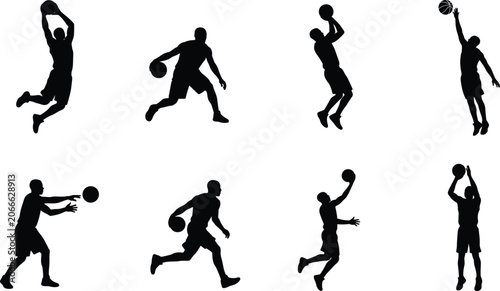Bild auf Leinwand Basketball player silhouettes set of athletic men dribbling passing shooting and