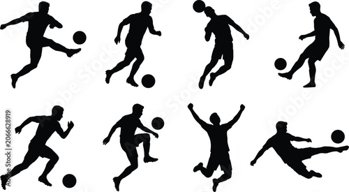 Foto Soccer Player Silhouette Collection with Dribbling, Kicking, Heading and Celebra
