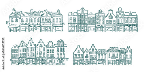 Charming hand drawn building set with various European style facades, featuring shops and detailed architectural elements in simple line art style