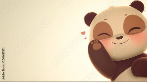 Cute panda bear waving on light background with copy space