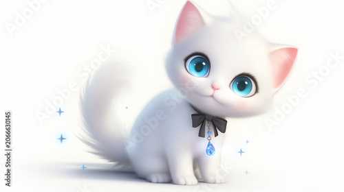 White cat with blue eyes and black bow tie on white background