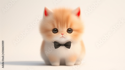 Fluffy beige kitten with black bow tie isolated on light background