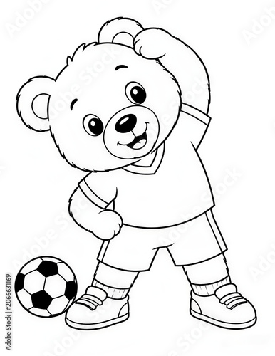 Cute Teddy Bear Playing Soccer Coloring Page for Kids Black and White Cartoon Illustration