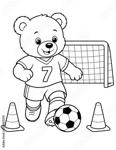 Cute Teddy Bear Playing Soccer Coloring Page for Kids Black and White Cartoon Illustration