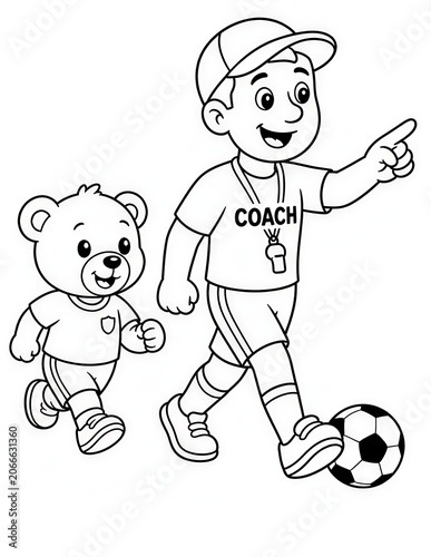 Cute Teddy Bear Playing Soccer Coloring Page for Kids Black and White Cartoon Illustration