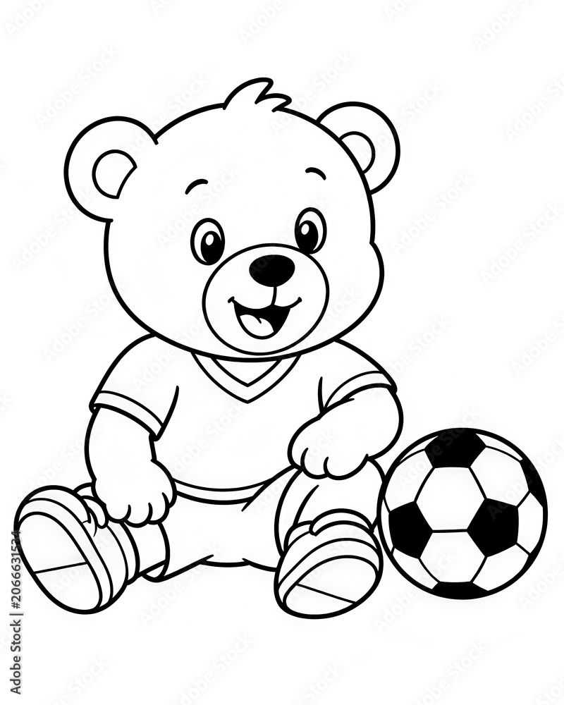 Fototapeta premium Cute Teddy Bear Playing Soccer Coloring Page for Kids Black and White Cartoon Illustration