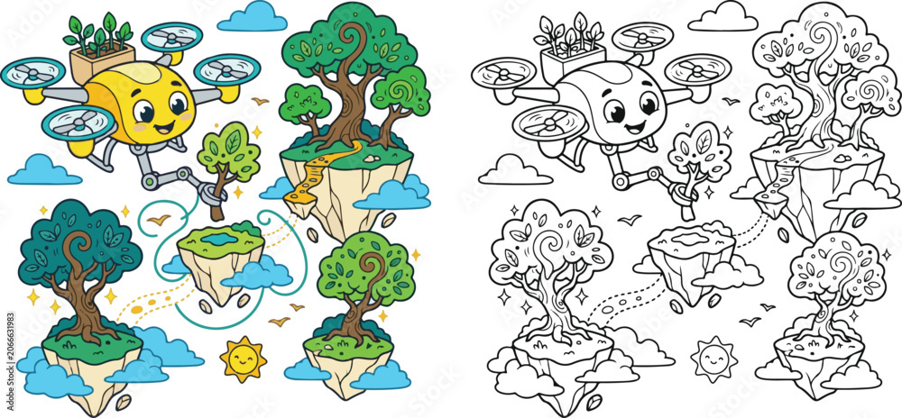 Obraz premium drone planting floating trees flying in sky cloud cartoon clipart and lineart print vector illustration for color coloring book