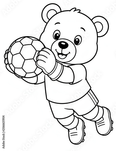 Cute Teddy Bear Playing Soccer Coloring Page for Kids Black and White Cartoon Illustration