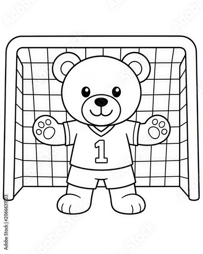 Cute Teddy Bear Playing Soccer Coloring Page for Kids Black and White Cartoon Illustration