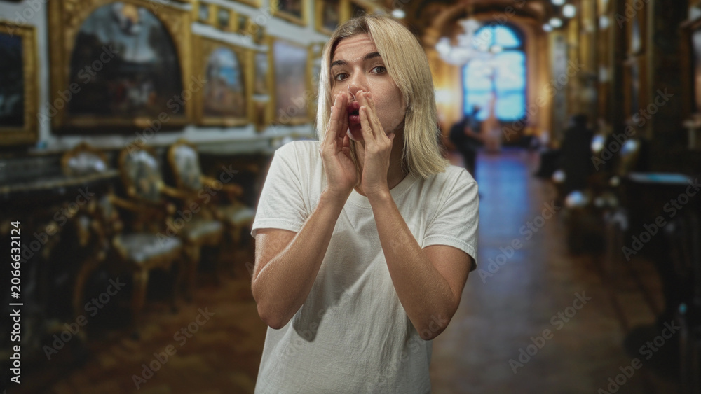 Fototapeta premium Young blonde woman cupping hands to mouth, calling out in a museum gallery with framed paintings and gilded chairs inside a grand building; public alarm.