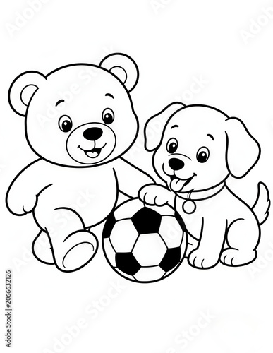 Cute Teddy Bear Playing Soccer Coloring Page for Kids Black and White Cartoon Illustration